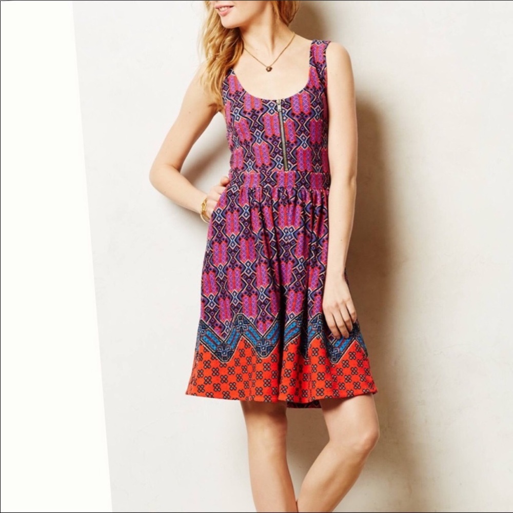 Anthropologie Pink, Purple and Orange Patterned Scoop-Neck Mini Dress